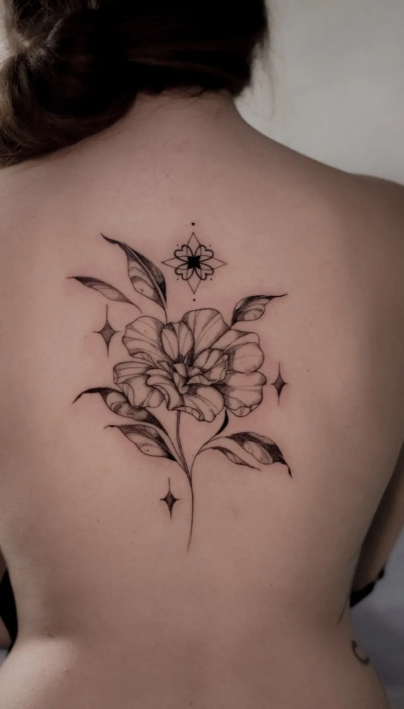 Fine-line peony and ornament on back